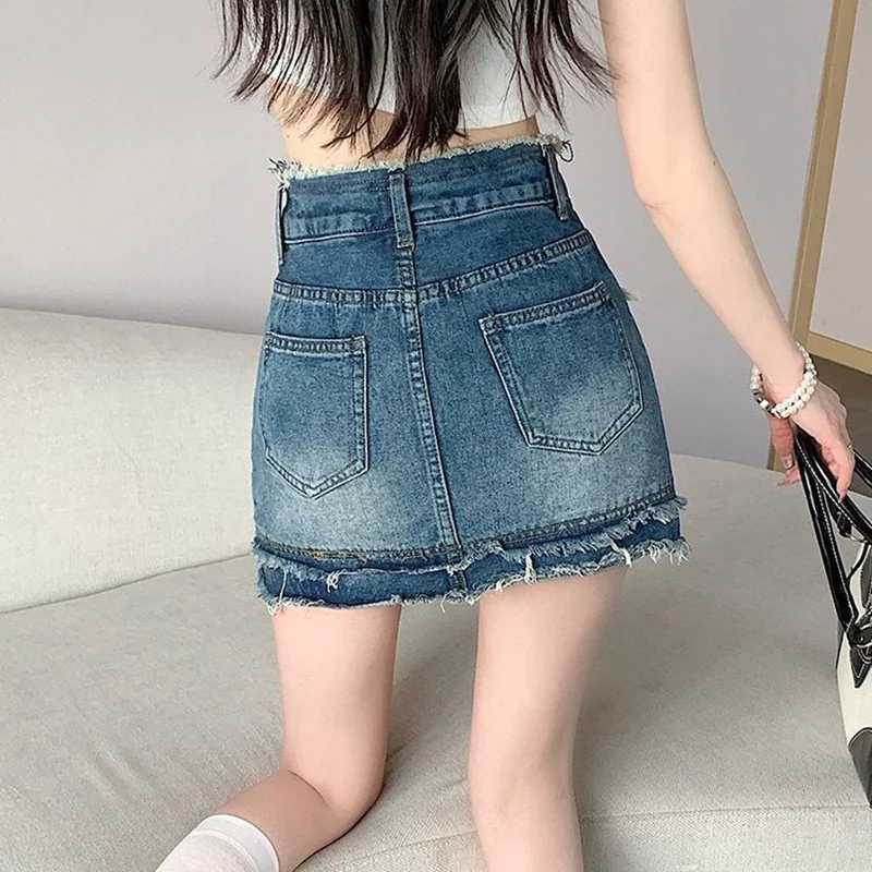 Summer s Vintage Raw Edge A-line Denim Skirt Female Chic High Waist Short Dress Lady Fashion Casual Wrap Hip Jeans Skirt M260314
