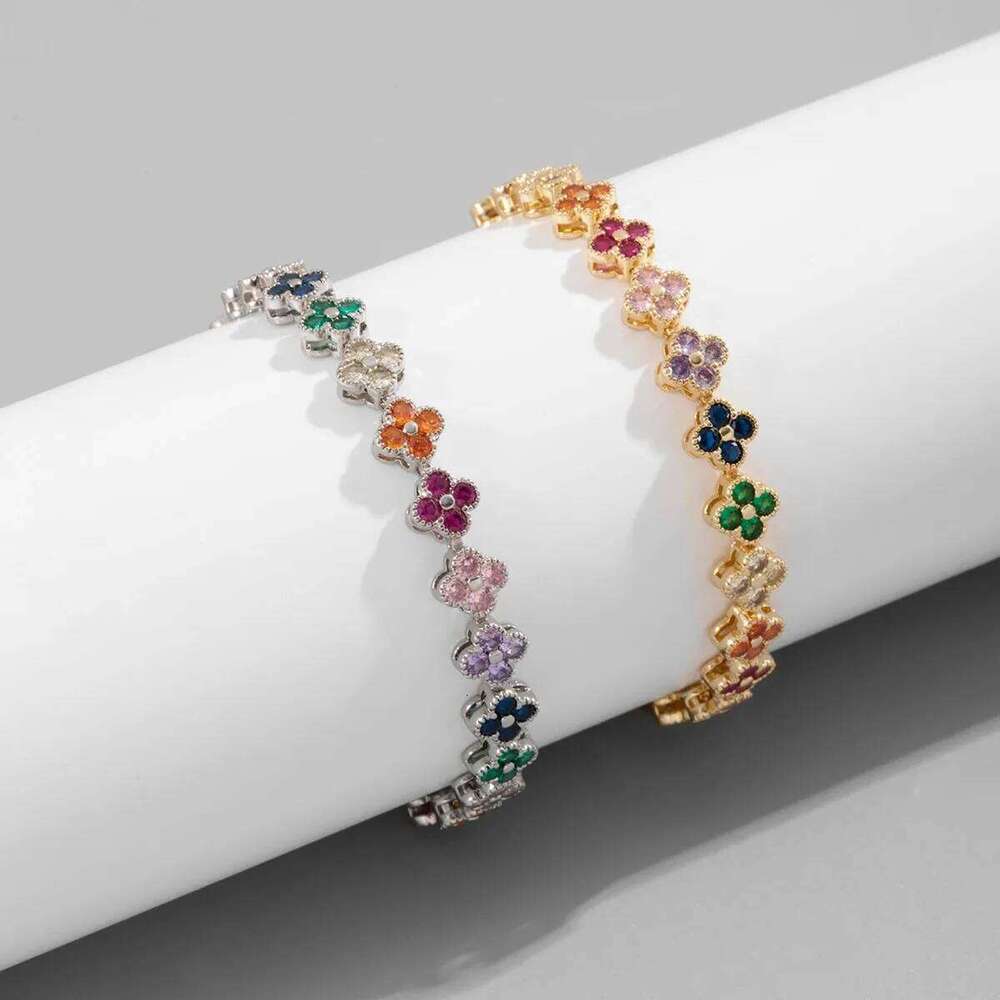 A Colorful Lucky Four-Leaf Flower Bracelet Inlaid With Zircon, Luxurious And High-End Small Fragrance Style, Versatile For Women Z260313