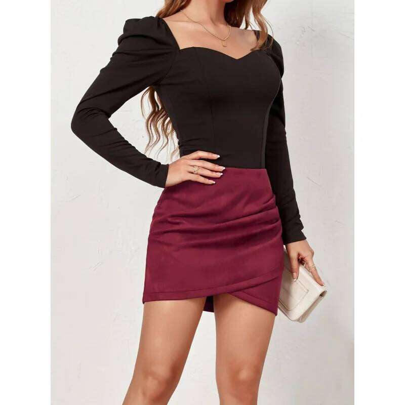 Suede Leather Pencil Women'S Solid Color High Waist Bodycon Mini With Pleated Asymmetric Hem Zip Vintage Short Skirt Z260314