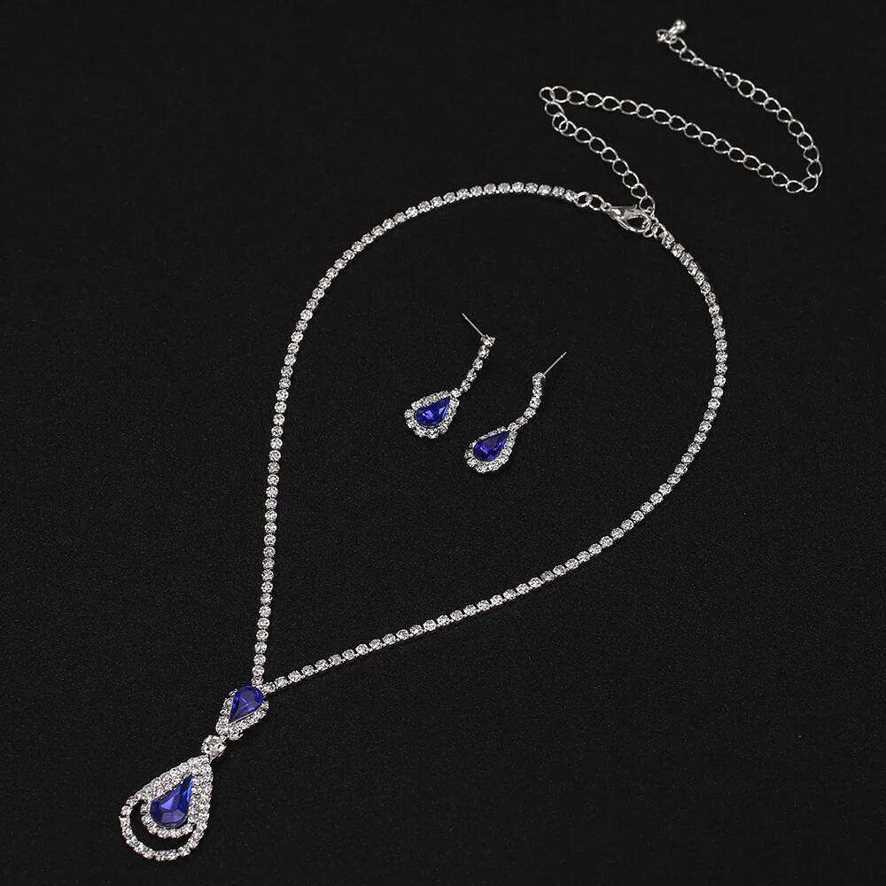 TREAZY Royal Blue Crystal Bridal Silver Plated Rhinestone Necklace Earrings Set for Women Prom Wedding Jewelry Sets Z260313