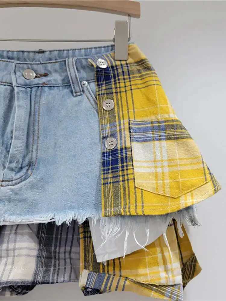 DEAT Womens Denim Skirt Colored Plaid Patchwork Irregular Deconstructed A-line High Waist Mini Skirt 2026 Spring New Fashion M260314