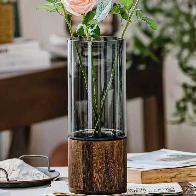 Minimalist Glass Vase with Wooden Base for Hydroponic Plants Retro Modern Tabletop Floral Arrangement Home Decoration European Y260314