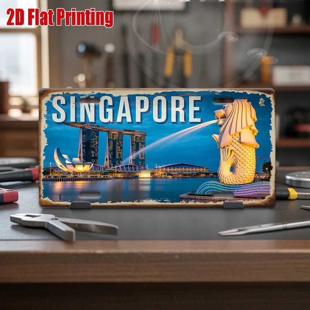 Printing Singapore Marina Bay and Merlion Scene Metal License Plate Decorative Signs Plaques Vintage Aluminum Sign P D260314
