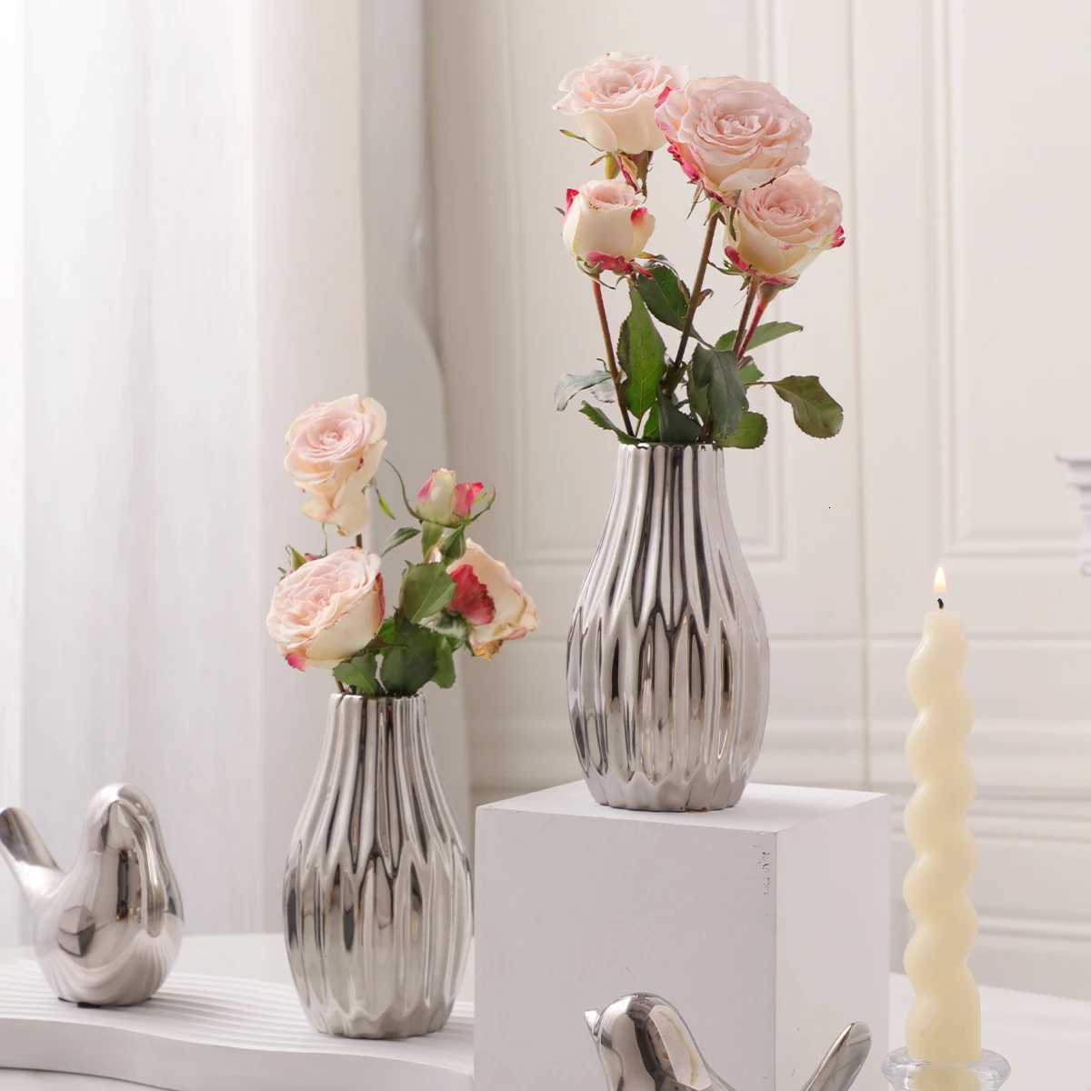 XIYA FLOWER Unique Geometric Vase Modern and Minimalist Style Ceramic Craftsmanship Gold Silver Festival Home Decor Y260314
