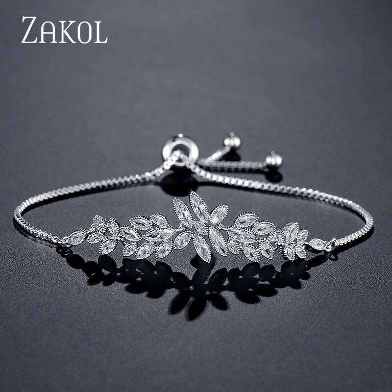 ZAKOL Fashion Zirconia Adjustable Bracelets for Women Men Exquisite Leaf Bangles Party Wedding Jewelry Gifts Z260313