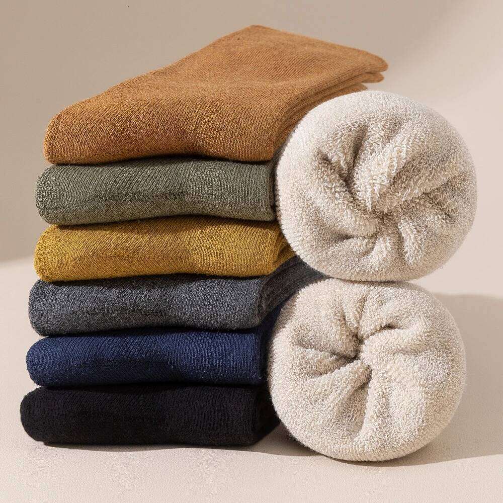 3 Pair Men's Winter Thick Warm Terry Cotton High Quality Business Solid Color Fashion Casual Socks Z260314