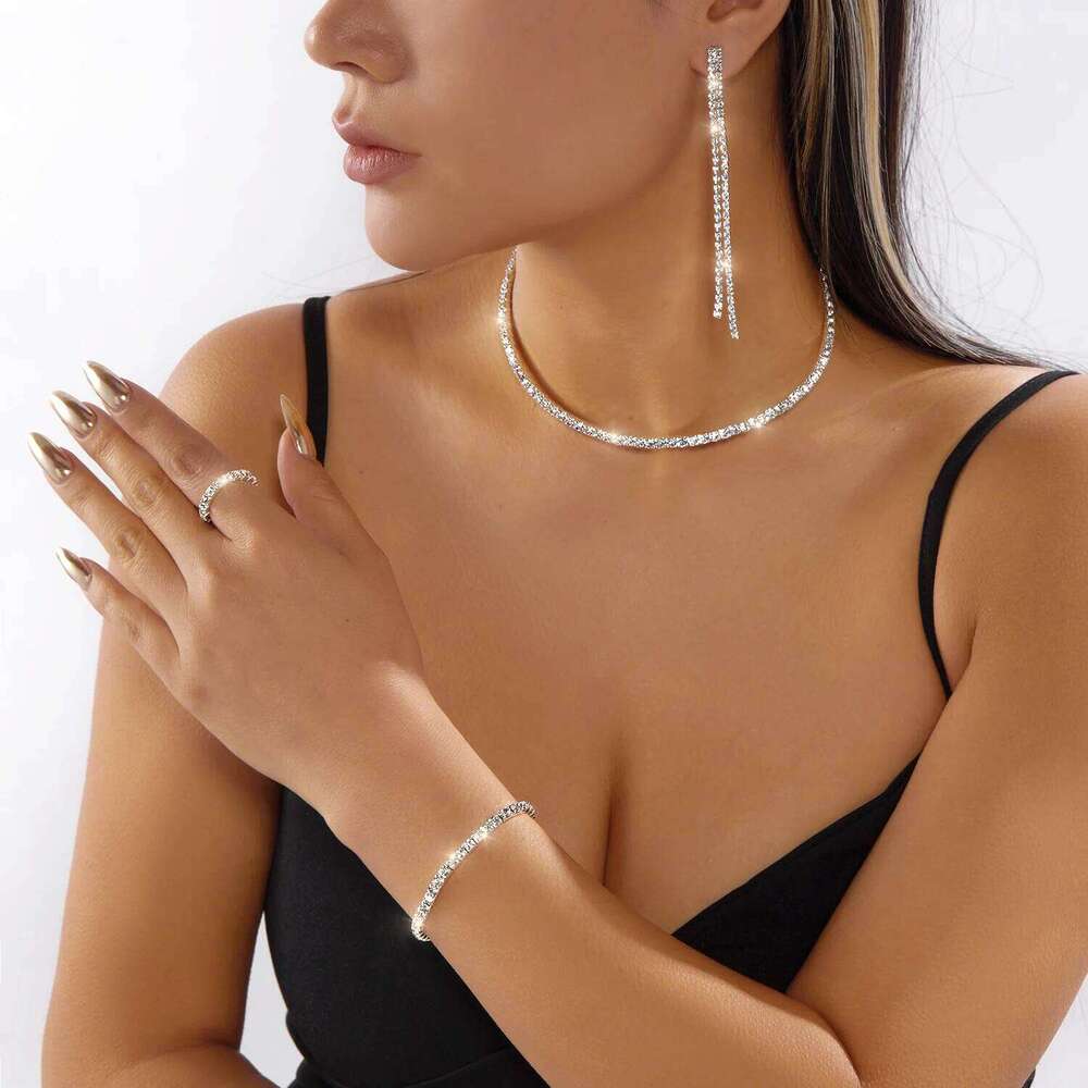 Exquisite Zircon Tennis Bracelet Choker Necklace for Women Full Rhinestone Dangle Earrings and Ring Wedding Party Jewelry Set Z260313
