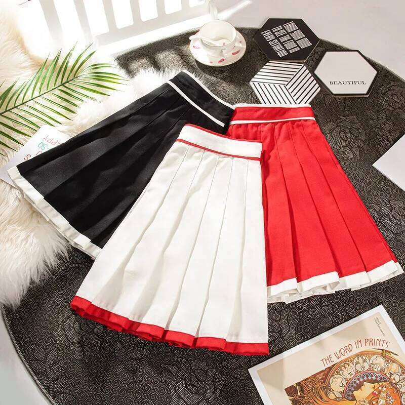 Women's Pleated Skirt Skater School Uniform Mini Skirts Hit Color High-waisted Red Short Sports Casual Korean Style Kawaii Z260314