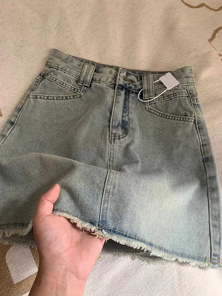 Retro Frayed Hem Denim Skirt Womens High Waist A-Line Slimming Anti-Light Spring 2026 Faion Trend Korean Sle M260314