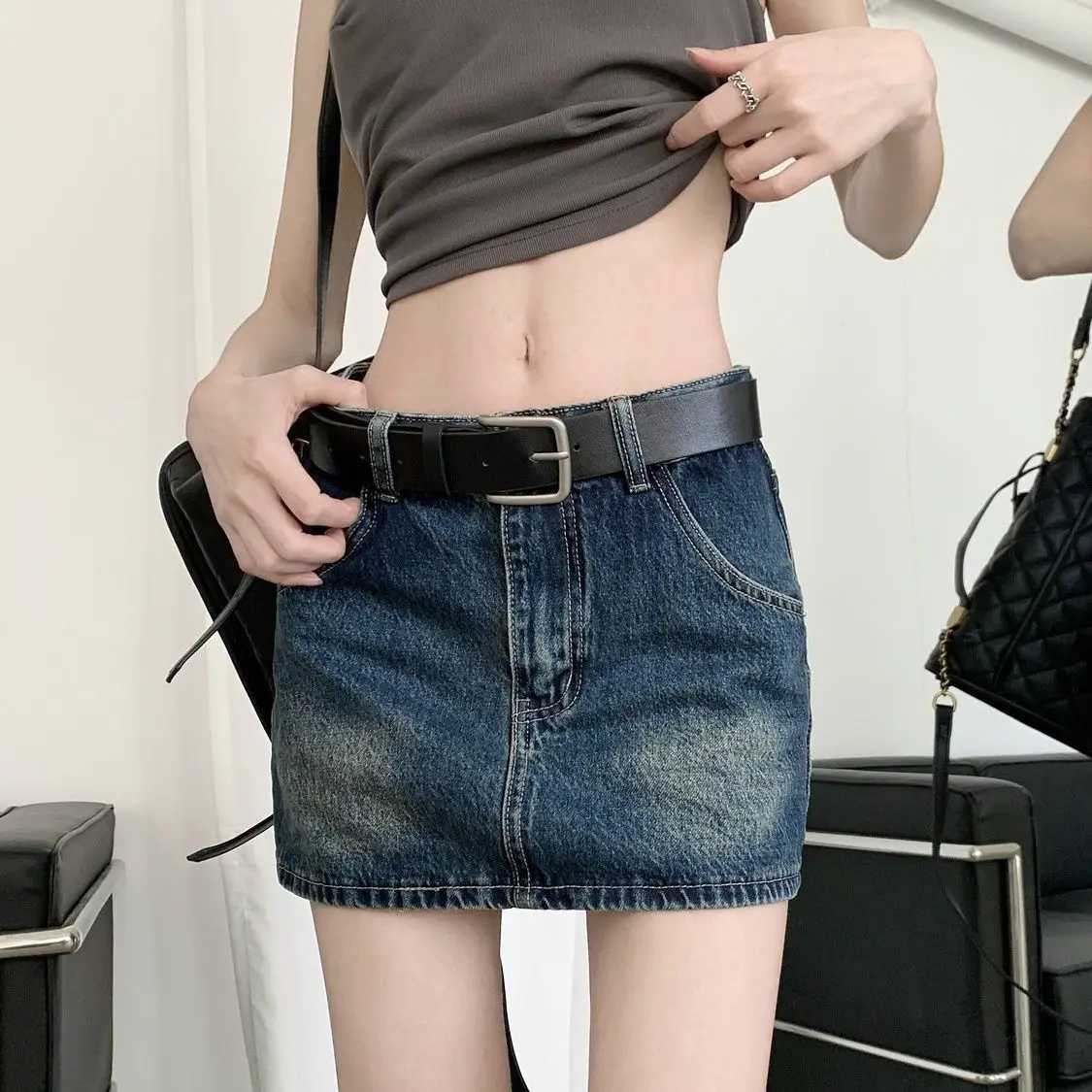 Retro Faded Denim Mini Skirt Womens Small Size Summer New High Waist Loose Fit Anti Exposure Skirt Cotton Denim Half Body Skirt M260314