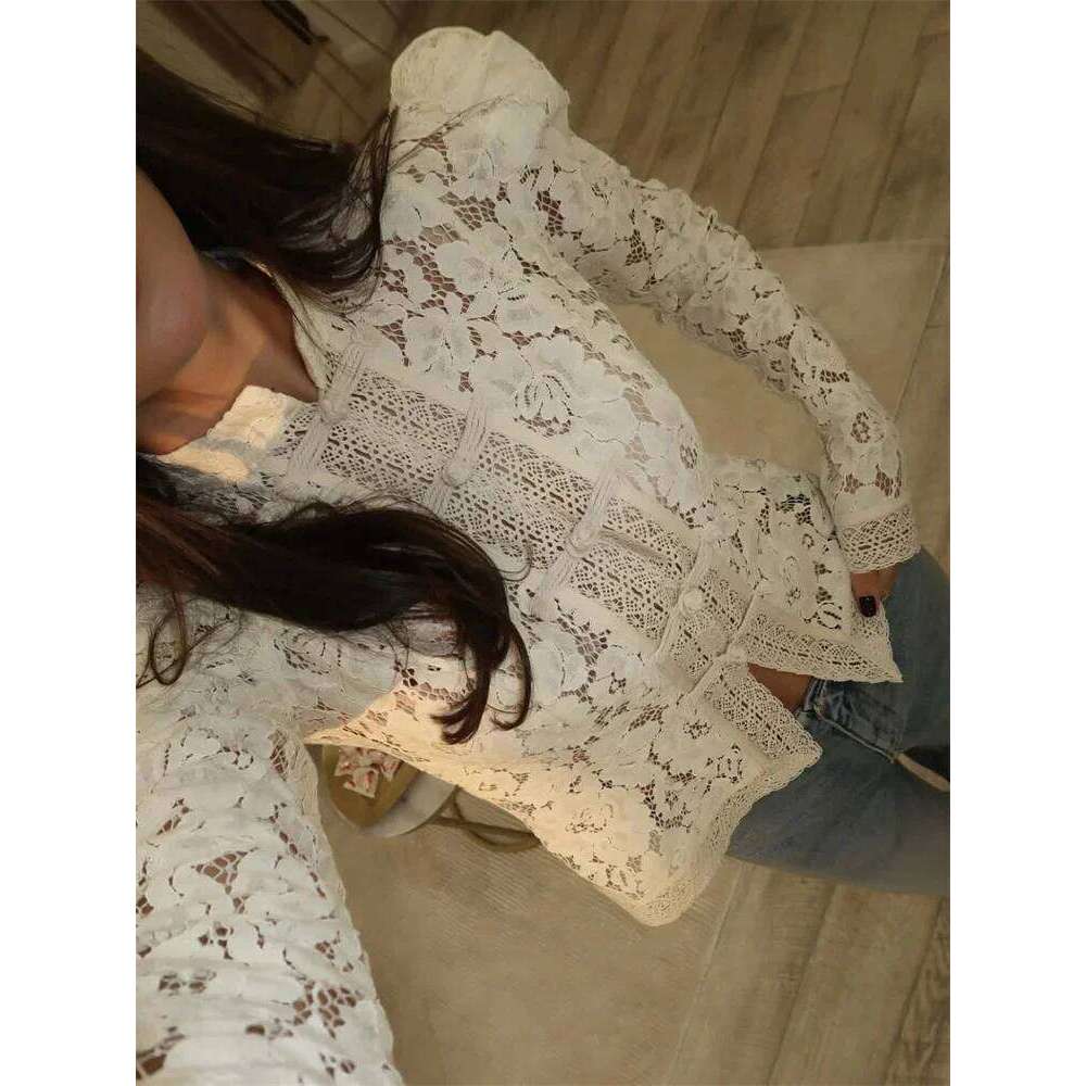 Women White Lace Print Full Sleeve Hollow Out Single Breasted Patchwork Fashion Elegant Casual Shrug Blouse Tops MAKOUFEI