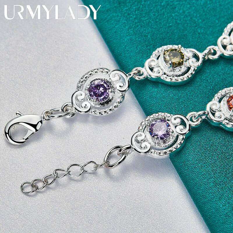 URMYLADY 925 Sterling Silver Charm Purple Orange Red Green Zircon Chain Bracelet For Women Wedding Engagement Fashion Jewelry Z260313
