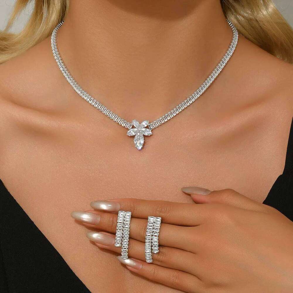 "Cubic Zirconia Choker Necklace Set Tassel Earrings Luxury Crystal Party Bridal Jewelry" Z260313