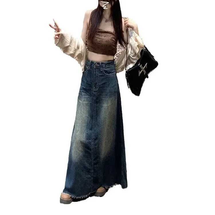 2024 Summer New A- line Denim Skirt High-waisted Vintage Design Sensibility Womens Long Dress Fringe Bagging Style M260314