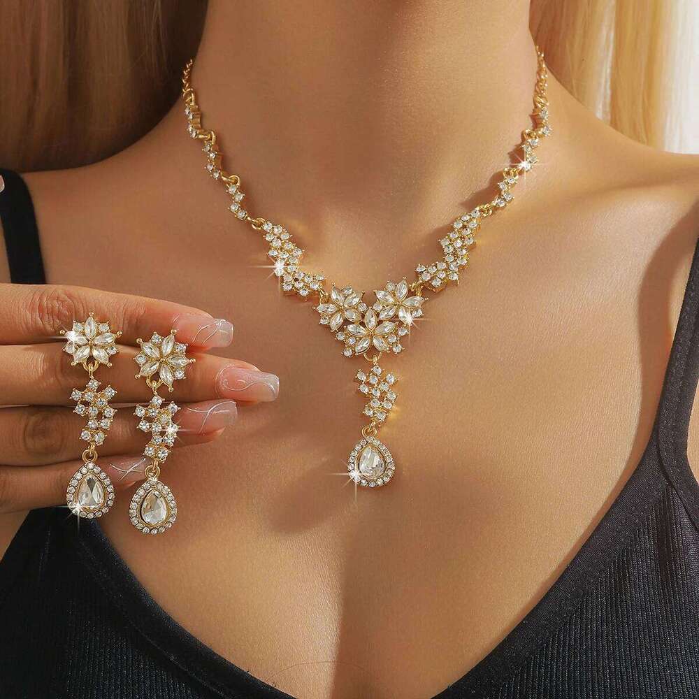 3PC Women's Fashion Rhinestone Flower Water Drop Necklace Earrings Jewelry Set Suitable for Wedding, Party, Festival Gifts-8492 Z260313
