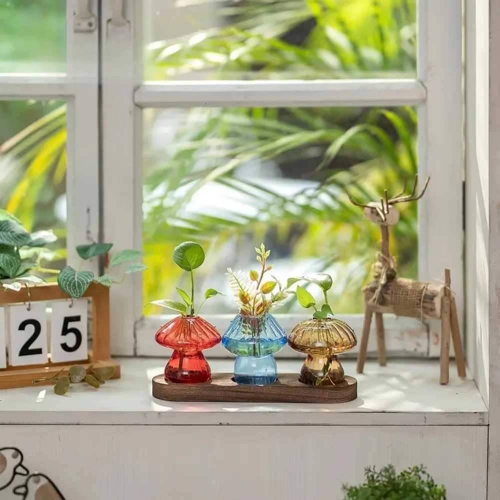 Mushroom Glass Planter Vase with Wooden Base Cute Indoor Greenery Plant Propagation Stations FlowersHydroponics Home Decor Y260314