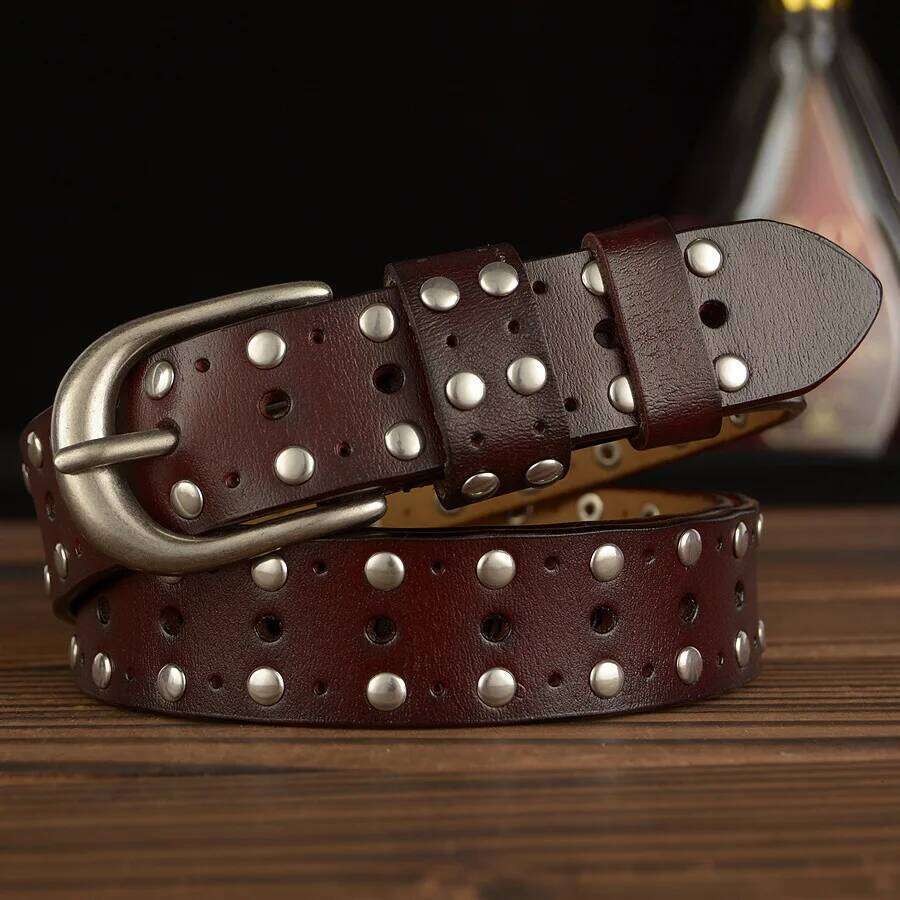 Female Hollow Vintage Luxury Punk Belts Men High Quality Genuine Real Leather Women Waist Rivet Strap for Jeans Z260226