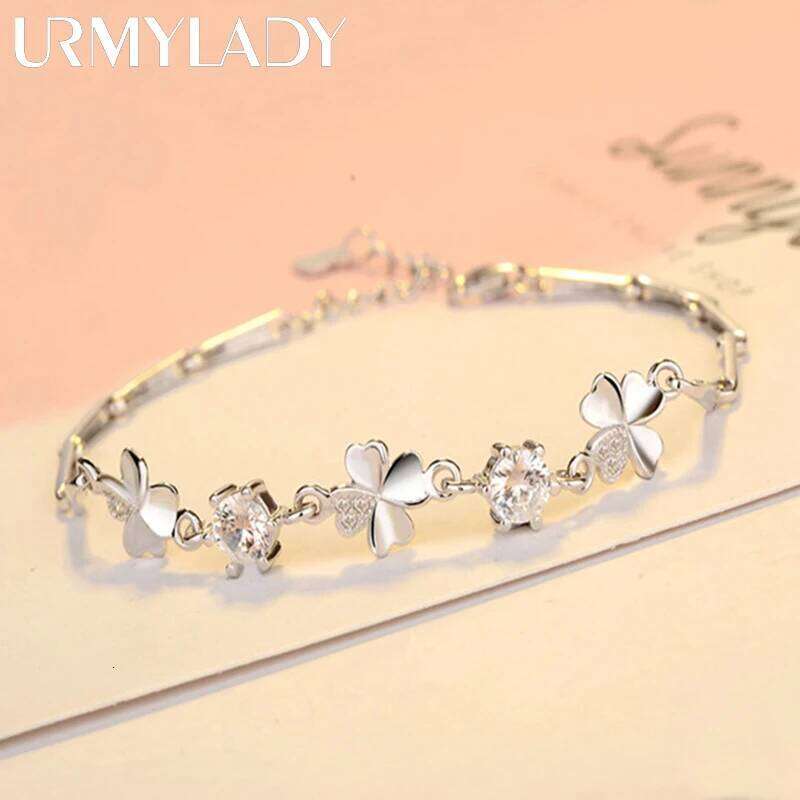 hot sale 925 Sterling Silver Zircon Lucky Clover Bracelets crystals chain For Women Valentines Gift Wedding party Jewelry Z260313