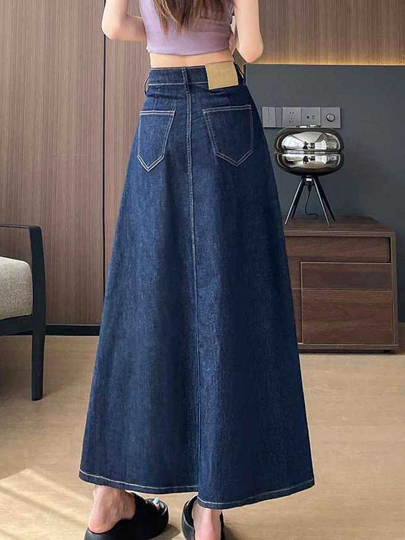 Deep Blue Denim Half Skirt Summer Womens High Waist A-line Midskirts Korean Versatile Slim Fit Skirts Oversized S-3XL M260314