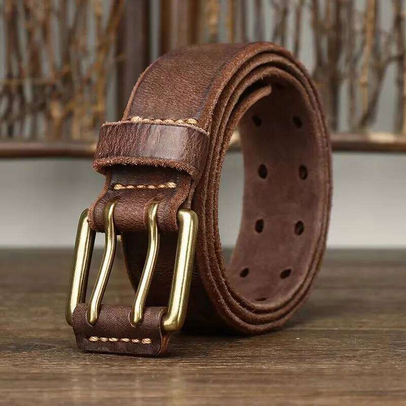 3.8cm Vintage Men's Real Cowhide Genuine Leather Copper Double Needle Buckle Handmade Jeans Belt Fashion Male Strap Z260226