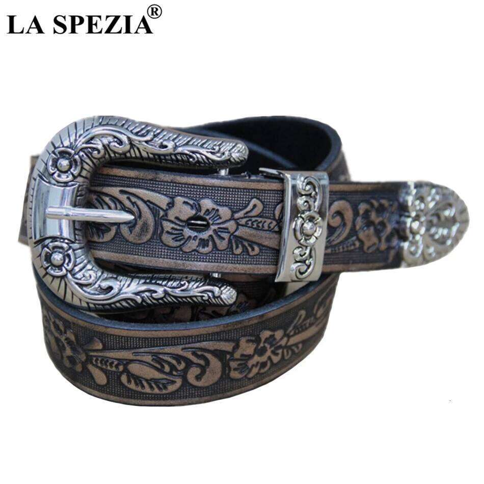 LA SPEZIA Real Men High Quality Camel Pin Male Retro Brand Cowhide Genuine Leather Carving Belt 130cm Z260226