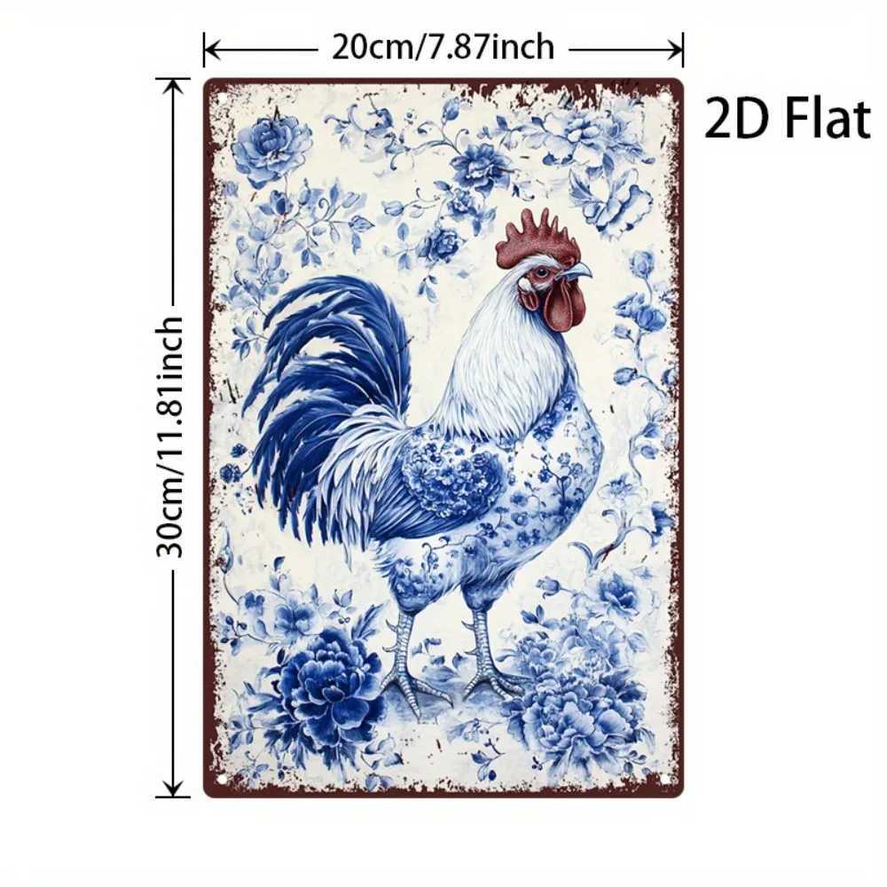 Vintage Rooster Floral Metal Sign 8x12 Inch Blue White Red Rustic Wall Art for Cafe Beach House D260314