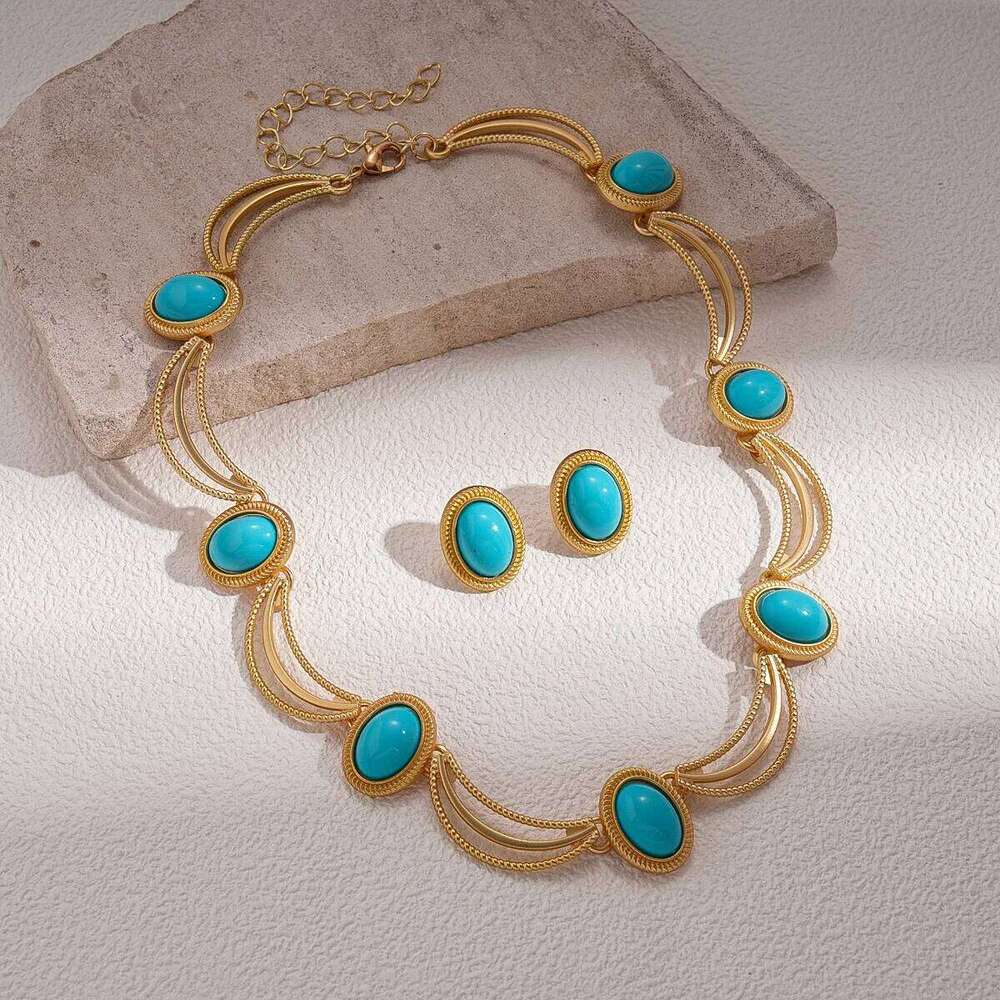 New Vintage Stone Earrings and Necklace Set for Women Simple Fashion Jewelry Accessories Hot Sale Party Gift 2026 Wholesale Z260313