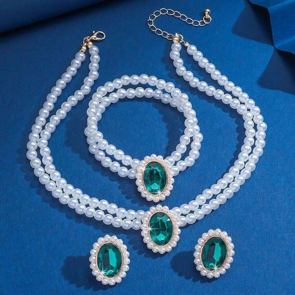 "Vintage Pearl 3-Piece Set Necklace Bracelet Earrings Oval Crystal Party Retro Jewelry" Z260313