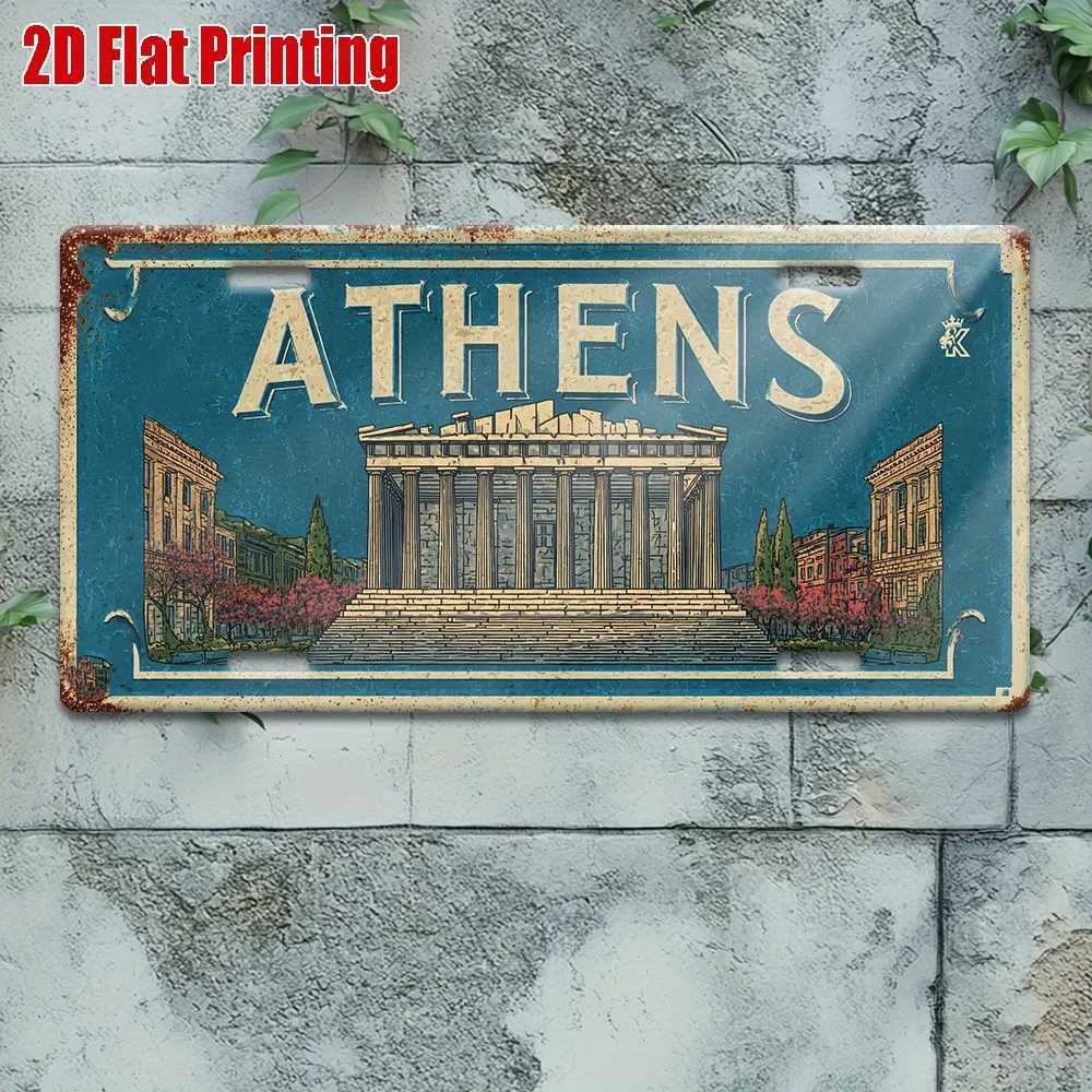 Athens Metal License Plate Sign - Retro Travel Wall Art with Athens Parthenon Design Blue White Aluminum Decor for Home Bar D260314