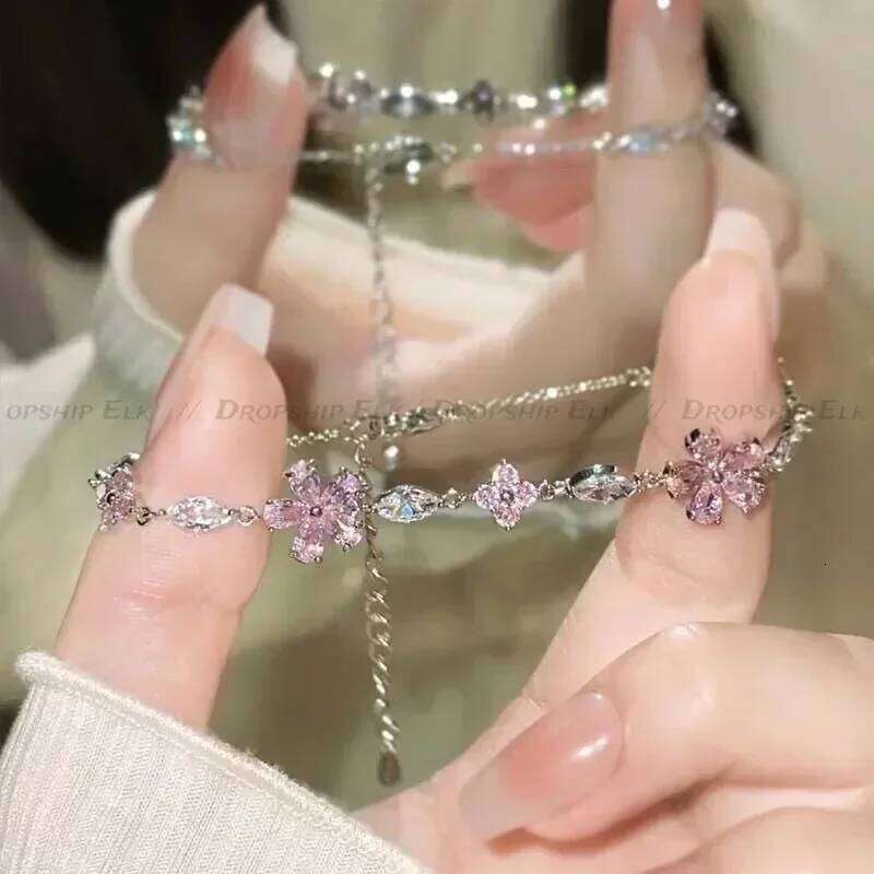 Korean Elegant Cherry Blossom Bow Zircon Bracelet Y2K Sweet Ladies Wedding Crystal Flowers Bracelets Women Jewelry Accessories Z260313