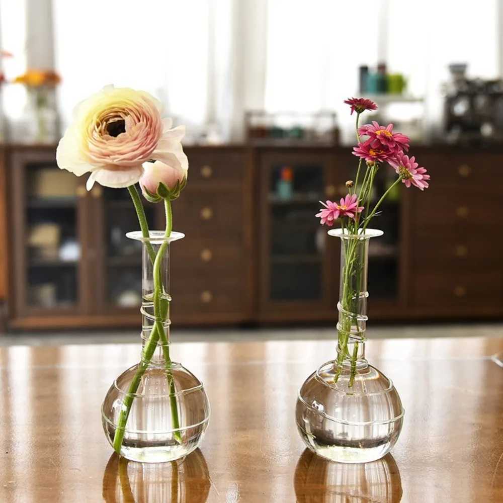 Transparent Glass Vase Decoration Desktop Simple Water Nourishing Vase Fresh Flowers Fine Mouthed Vase Living Room Decoration Y260314
