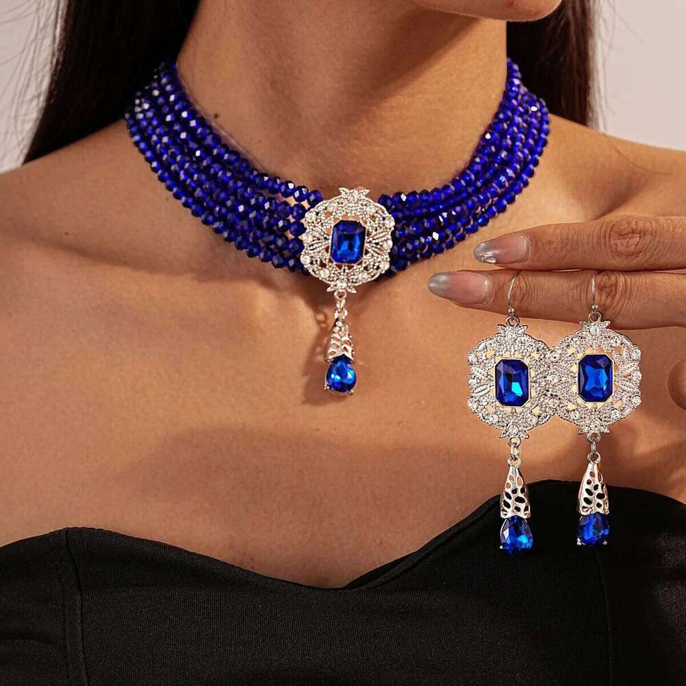 FYUAN Multilayer Green Red Blue Black Crystal Necklace Geometric Hollow Alloy Earrings For Women Weddings Banquet Jewelry Sets Z260313