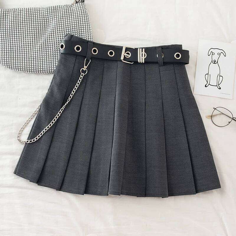 Black Pleated with Chain-Belt Punk Rock Girl Cheerleading Belted Mini Skirt Alt Women E-girl Outfit Z260314