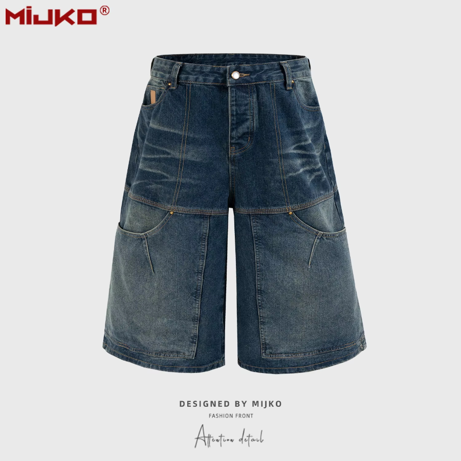 MIJKO Men's and Women's Spring and Summer New Indigo Work Denim Shorts Unisex Washed Vintage Deconstructed Design Trendy TJ169