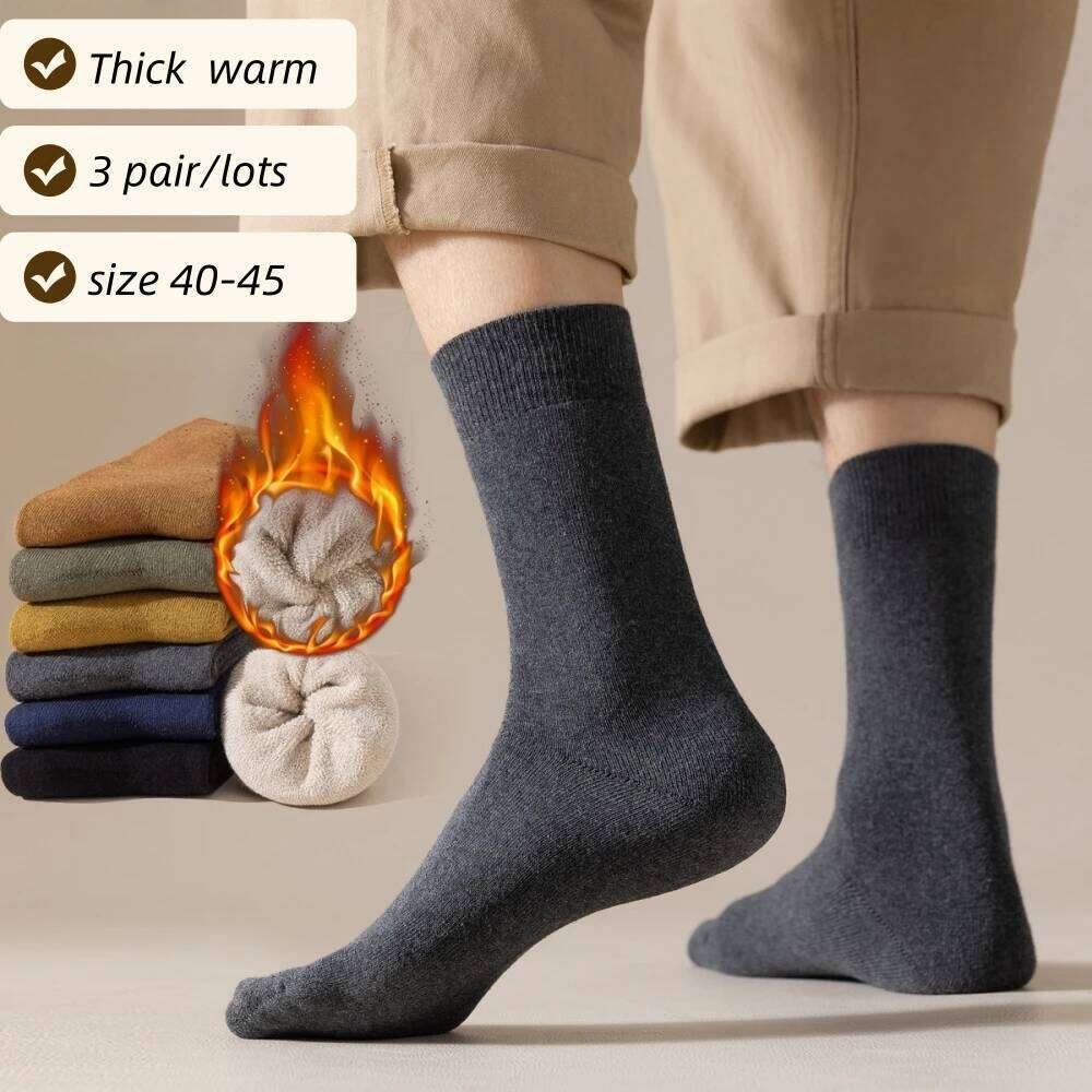 3 Pair Men's Winter Thick Warm Terry Cotton High Quality Business Solid Color Fashion Casual Socks Z260314