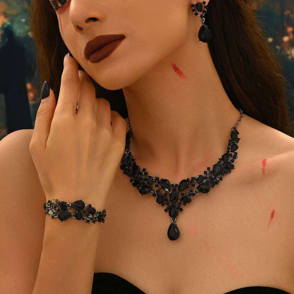 Black Obsidian Gemstone Set Women Necklace Bracelet Earrings Fashion Statement Jewelry for Party Evening Z260313