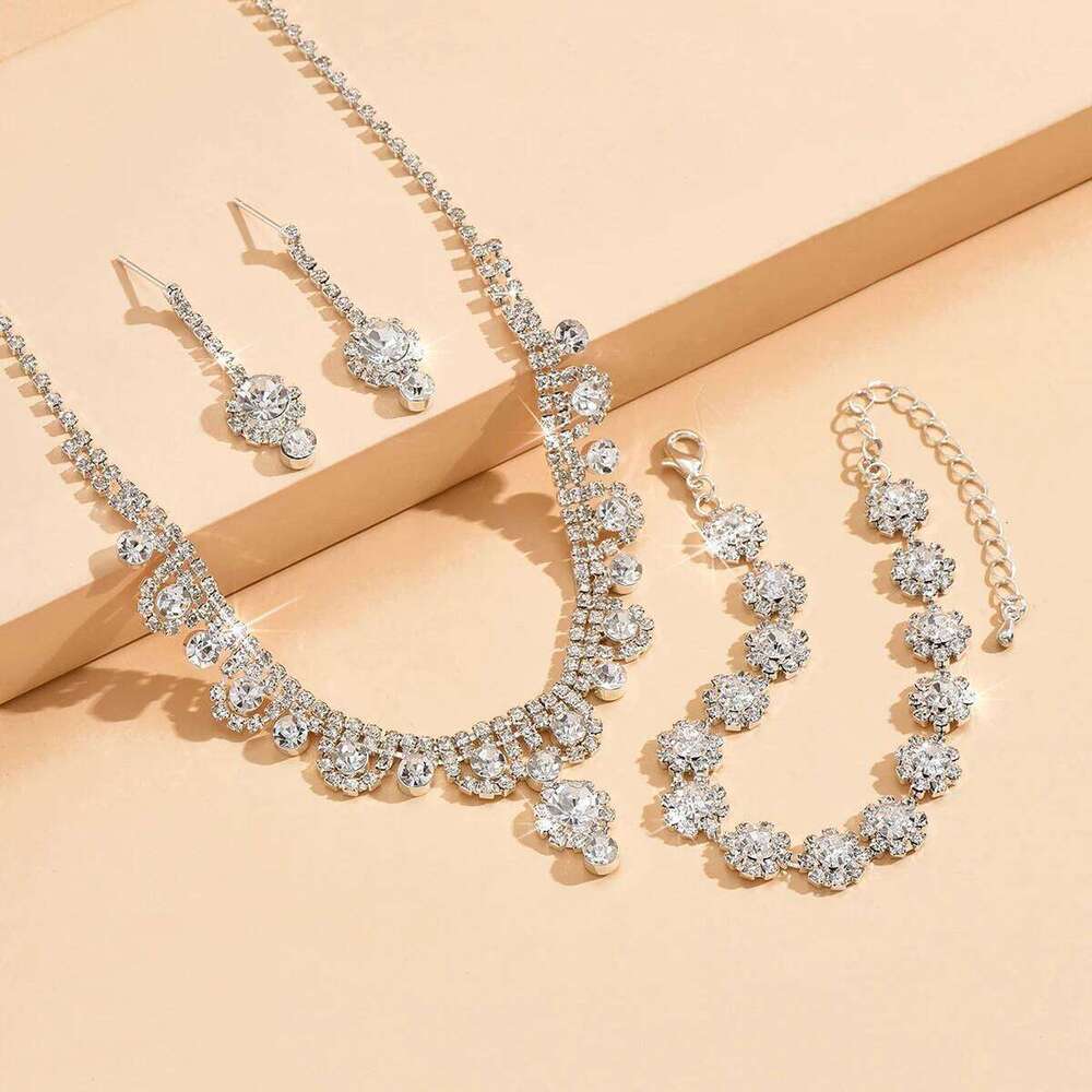 4pcs fashionable rhinestones, flower collarbone necklaces, earrings, bracelets, jewelry sets, women's dress accessories Z260313