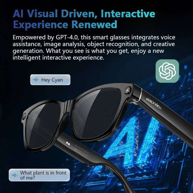 Blackview Bv100 AI Smart Glasses 800W Pixels 2K HD Camera Bluetooth Call Voice Assistant Translation Speakers&Mic Sunglasses