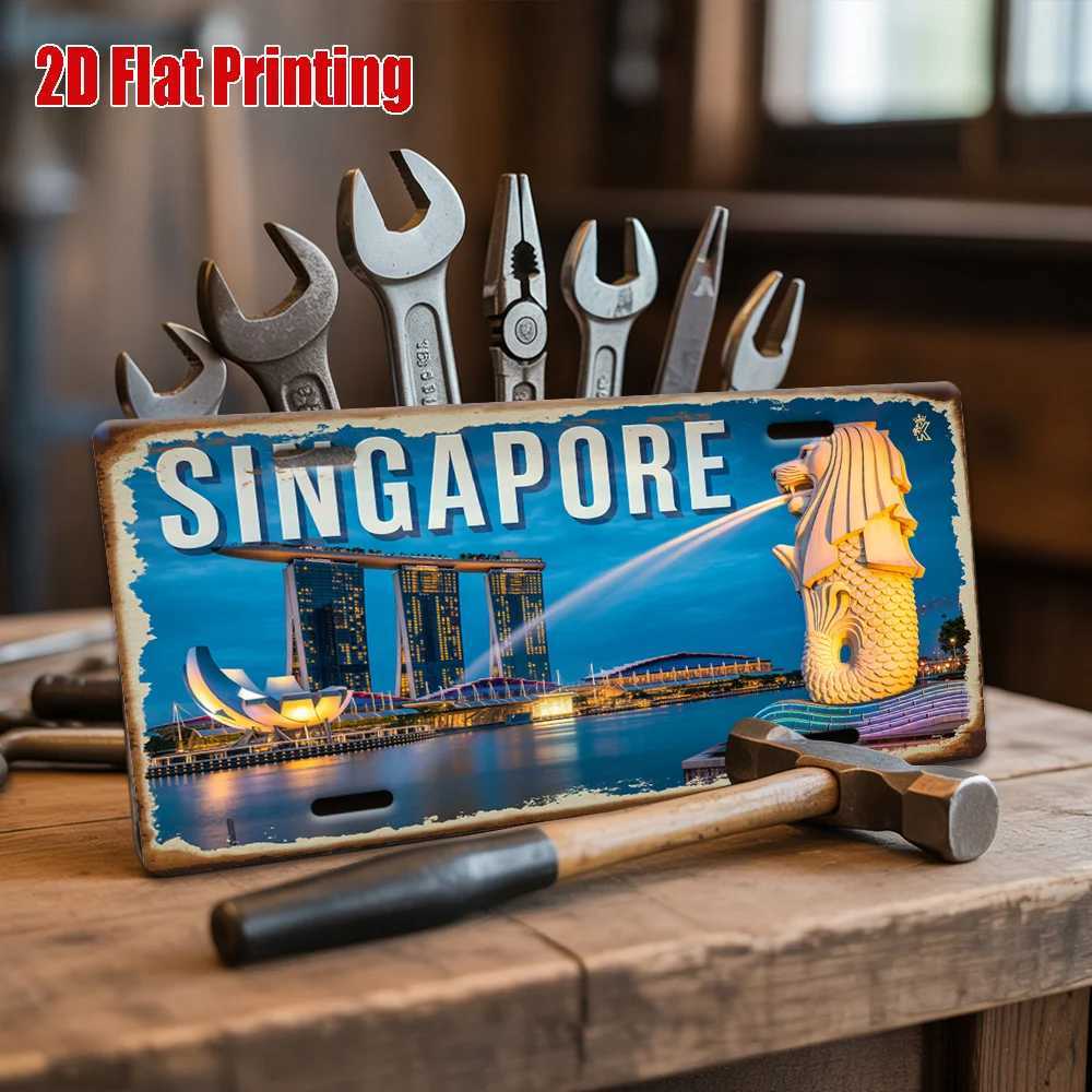 Printing Singapore Marina Bay and Merlion Scene Metal License Plate Decorative Signs Plaques Vintage Aluminum Sign P D260314
