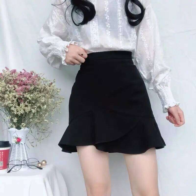 Skirts Women Summer Ruffles Korean Style Hip-skirt Slender Mini Fashion Leisure Solid Ulzzang Black Womens Faldas Chic Retro New Z260314