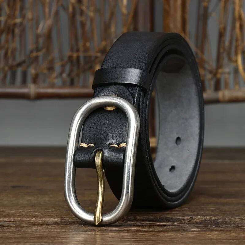3.3CM Male Retro Natural Thick Cowskin Genuine Leather Casual Stainless Steel Buckle Head Men's Jeans Belt Z260226