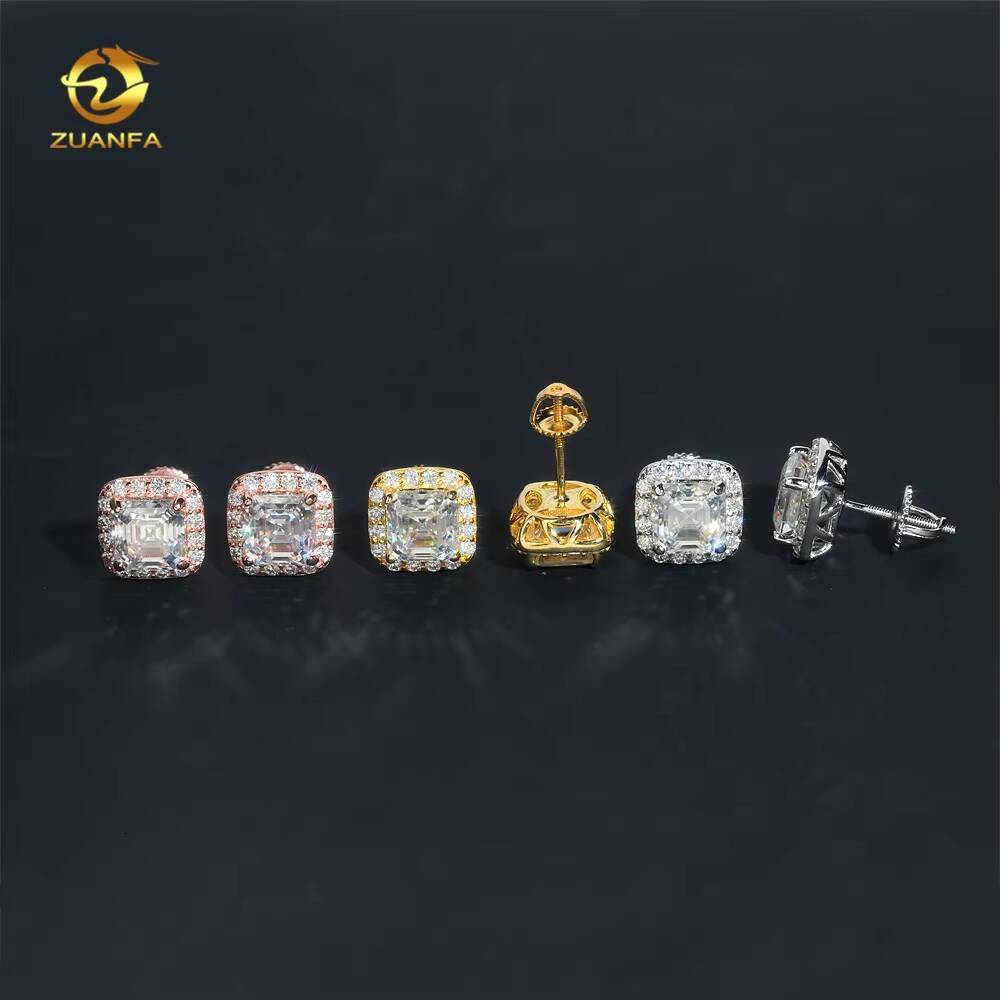 Ready to Ship Hip Hop Earring 925 Silver Asscher Cut 15ct Halo Men VVS Moissanite Earrings