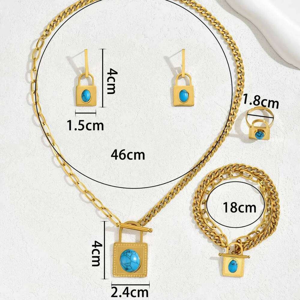 5pcs Elegant Vintage Jewelry Set for Women Fashion Lock Shape Necklace Inlaid Turquoise Choker Bridal Wedding Bracelet Party Z260313