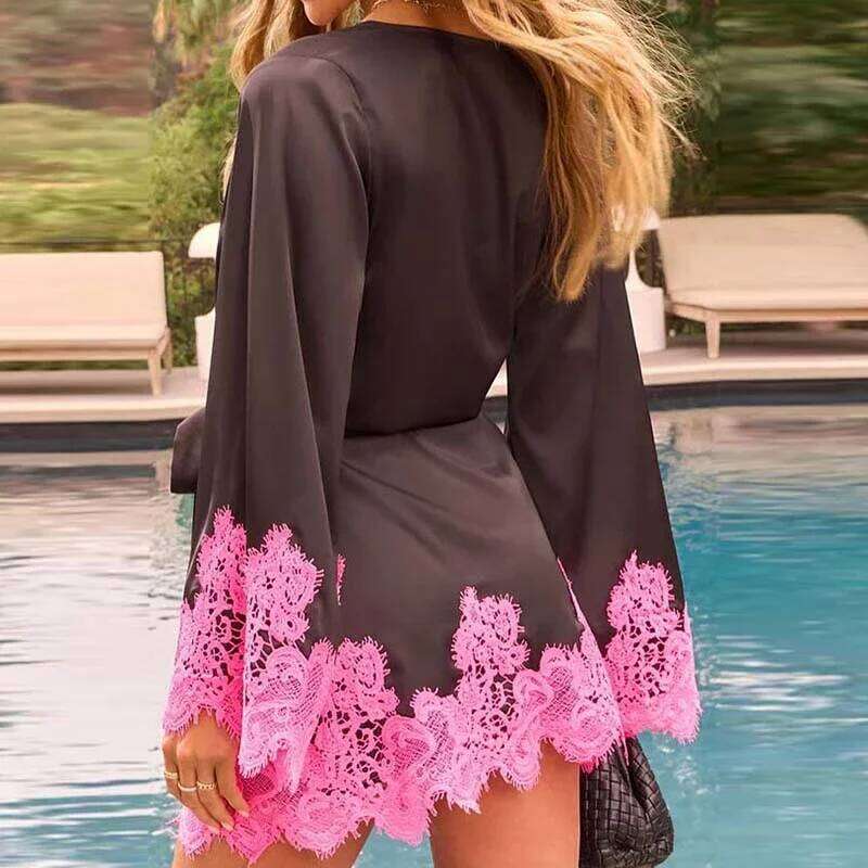 Women Satin Silky Wrap V Neck Lace Trim Tie Waist Bell Sleeve Kimono Mini Party Wedding Guest Short Dress MAKOUFEI