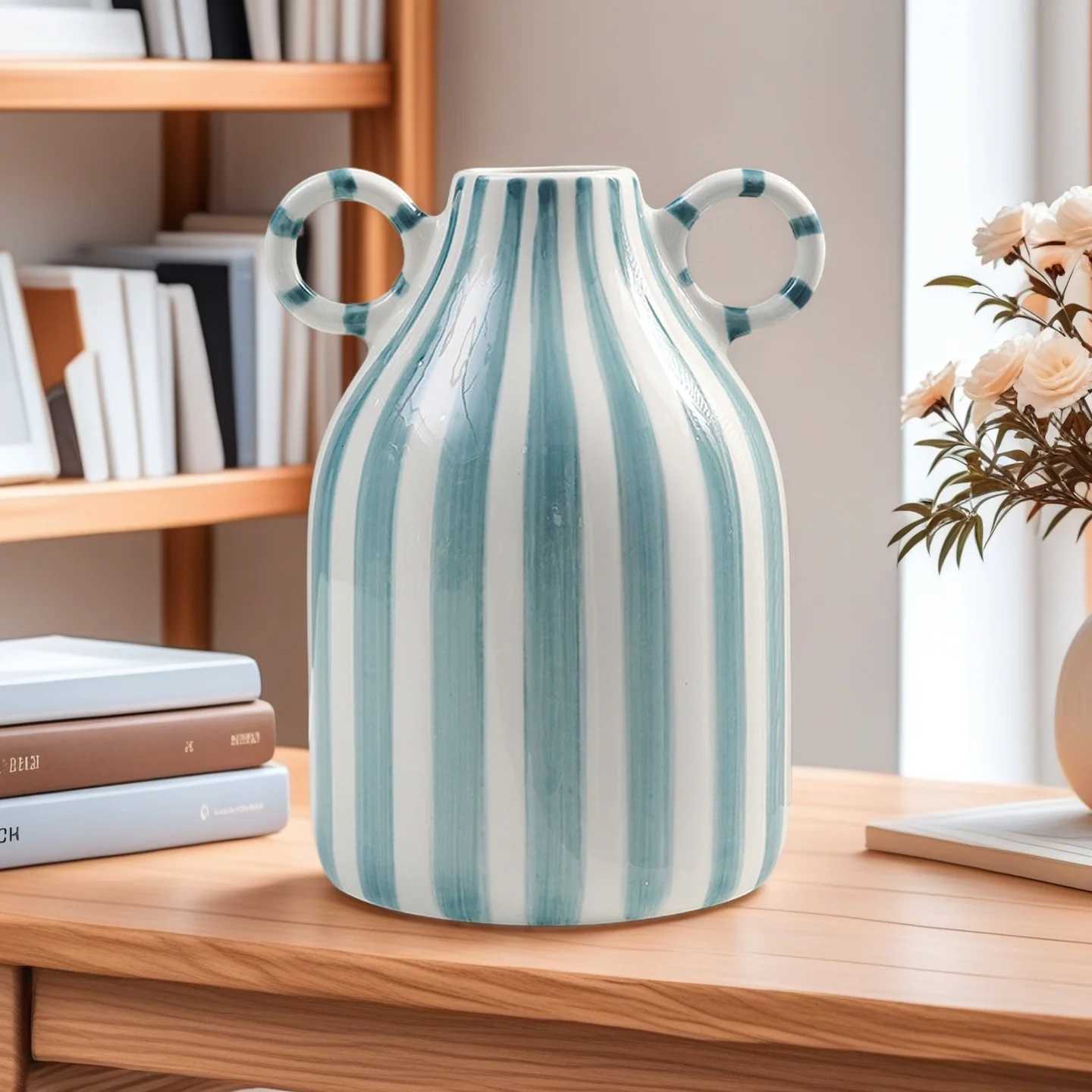 Nordic Style Art Vase Ornament Double Ear Striped Ceramic Vase Hydroponic Flower Cutting Bottle Home Decoration Flowerpot Y260314