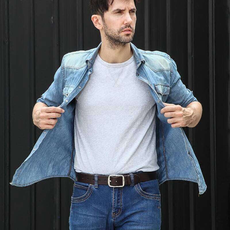 Belt leather needle layer genuine cowhide stainless steel buckle men's youth casual handmade jeans belt Z260226