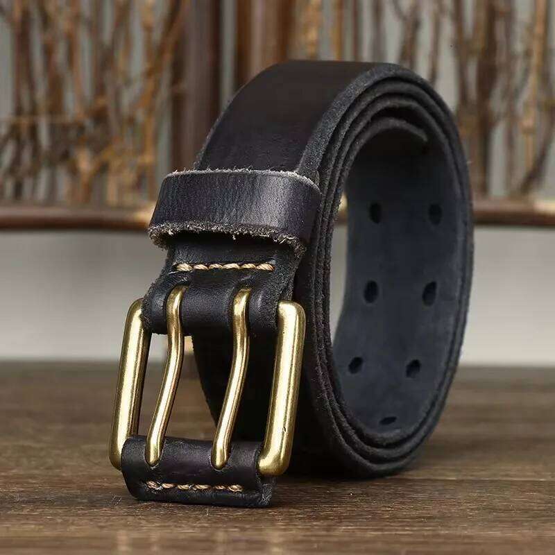 3.8cm Vintage Men's Real Cowhide Genuine Leather Copper Double Needle Buckle Handmade Jeans Belt Fashion Male Strap Z260226