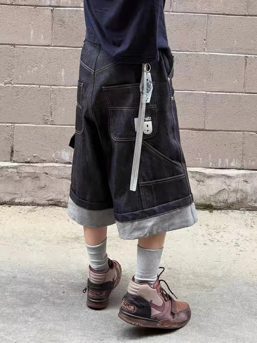 MIJKO Men's and Women's New Original Cattle Logging Seven-Part Over-the-Knee Shorts Unisex Color-Block Folded