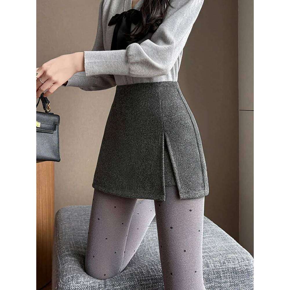 Autumn Winter Gray Thicken Women's Woolen Pencil Skirt High Waist Casual Slim Sexy Split Mini Short Skirts Lady Z260314