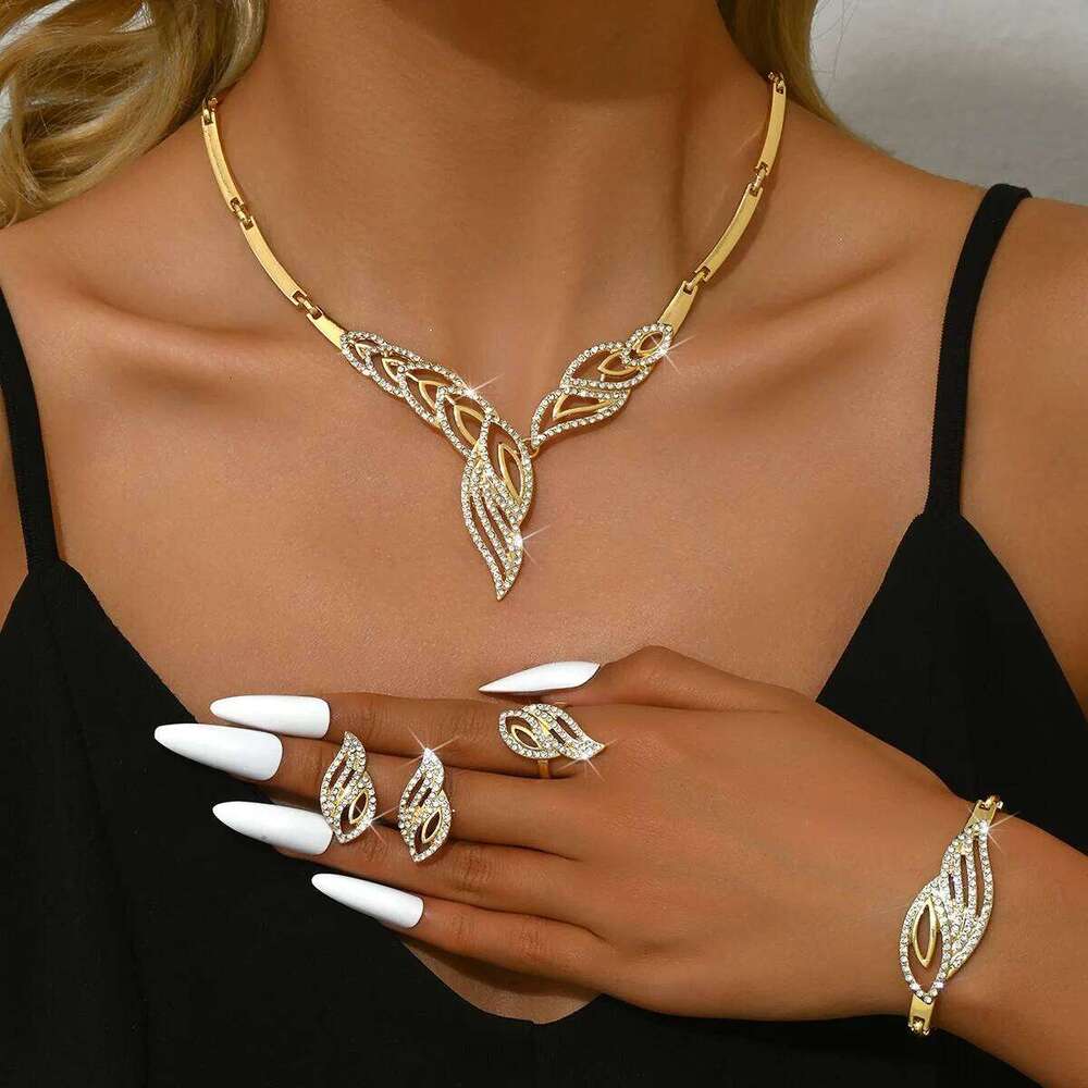 Luxury Gold Leaf Pattern Jewelry Set Women's Necklace Earrings Ring Bracelet 4pcs Shiny Party Wedding Statement Accessories Z260313